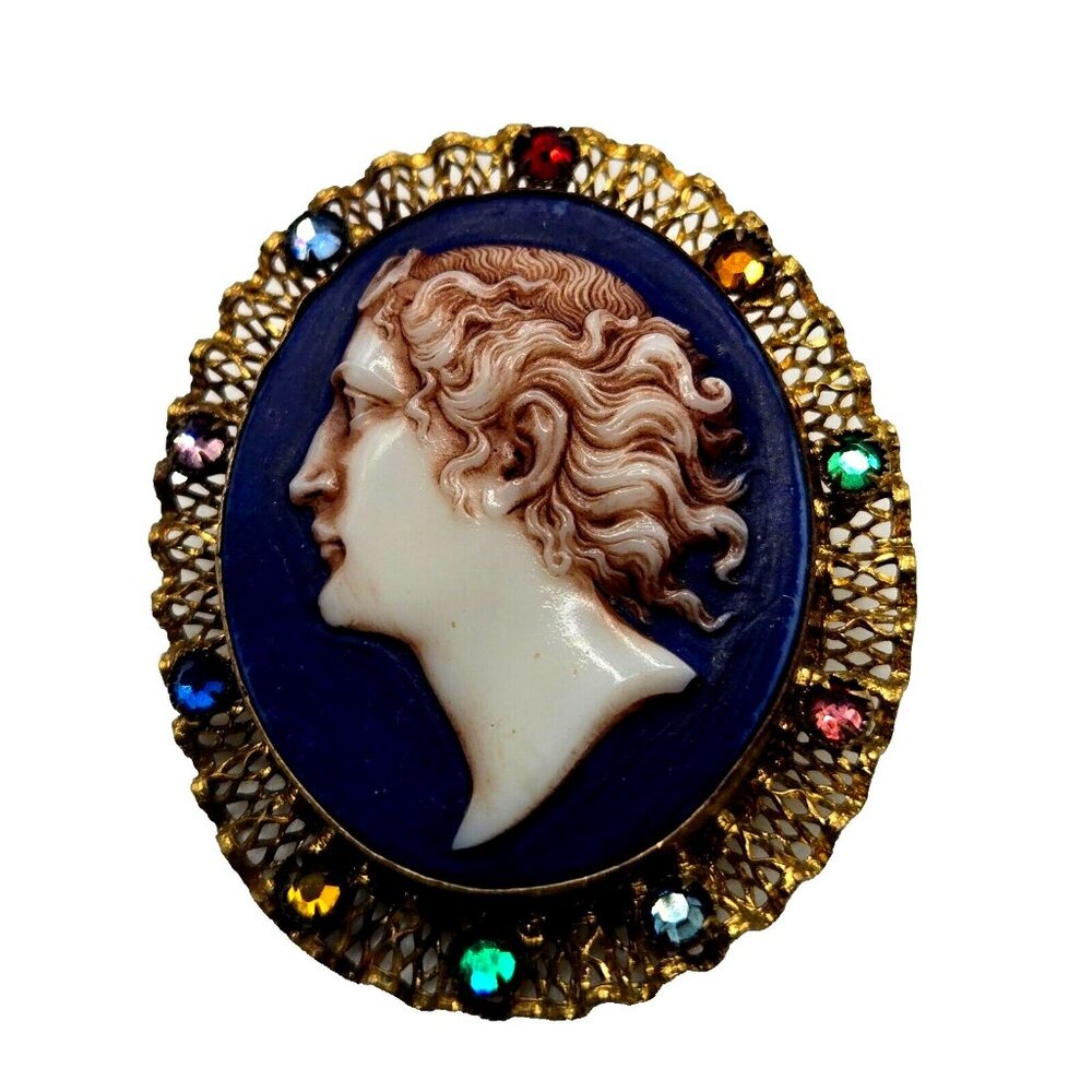 Rare Czech Agate Cameo Brooch Gold Filigree and Multi Czech Glass Rhinestones